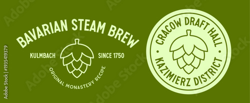 Beer pub, brewery sign, symbol, for pub, bar, beer restaurant branding. Vintage beer bar emblem with hops icon for draft drinks. Creative label, brewery badge for pub menu. Vector Illustration