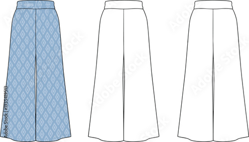 Fashion technical illustration of wide‑leg pants featuring high waistband, diamond patterned fabric variation, front and back views, garment construction details, and textile design concept sketches