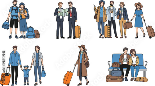 Travelers and tourists set with families, business people with suitcases, backpackers, and couples waiting at the airport terminal for summer vacation trips.
