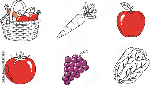 Collection of fresh fruits and vegetables in a simple line art style