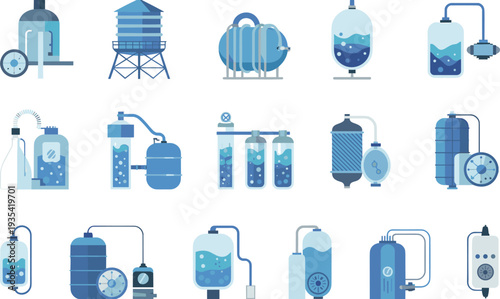 Water treatment icon set, flat vector illustration of purification systems, filtration tanks, reverse osmosis equipment, industrial plumbing, liquid processing symbols, blue theme, isolated.