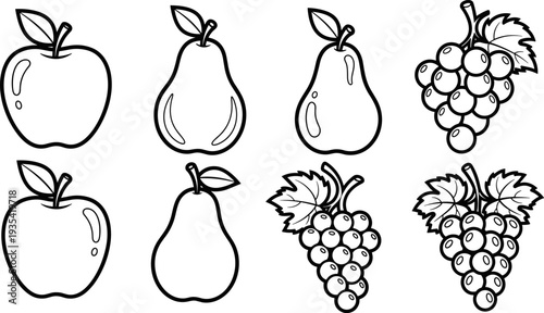 Collection of simple line art fruits including apples, pears, and grapes for design
