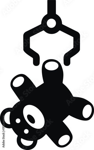 Claw machine silhouette, teddy bear toy, arcade game icon, prize grabber, amusement design, playful symbol, entertainment vector, toy catcher, black illustration