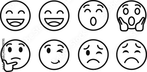 Collection of eight different expressive emoji faces in a simple line art style