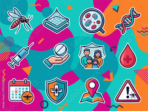 Mosquito Disease Prevention, Protection, Treatment Icons for Public Health Campaigns, Flat Sticker Style, Colorful Editable Vector Elements