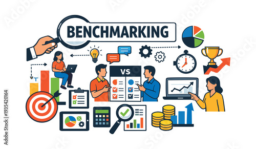 Business professionals collaborating, analyzing charts, graphs, and data for strategy comparison, competitive intelligence, and success measurement