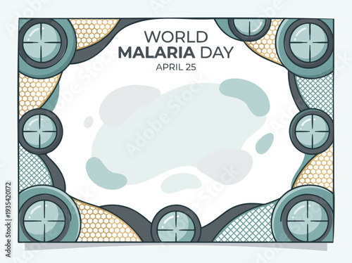 World Malaria Day Event Frame with Stylized Scientific Eyepiece Elements and Geometric Patterns, Global Public Health Awareness Banner in Modern Flat Vector Illustration.