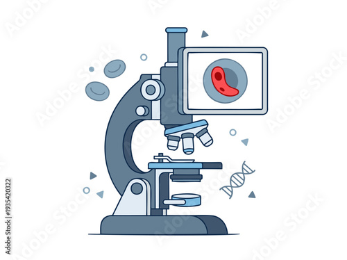 Medical Microscope with Display showing magnified red blood cell for scientific research and analysis in biology Modern flat line art blue red tones Vector graphic illustration