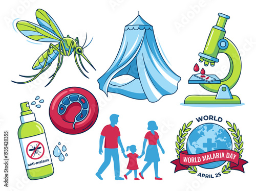 Mosquito, Family, Microscope, Bed Net, Spray for Malaria Prevention, Research & Global Awareness. Health, Medicine & Public Safety Concept. Vibrant Cartoon Flat Vector. Isolated on White.