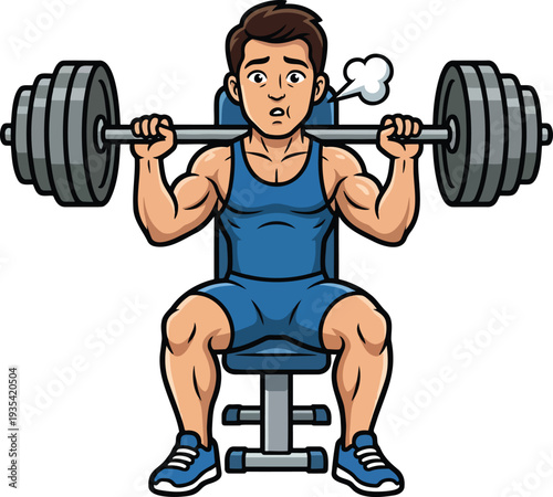 Man Doing Seated Barbell Shoulder Press on Bench - Gym Fitness Character Training Illustration