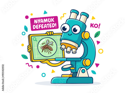 Cartoon Microscope Holds Tablet with Defeated Mosquito Nyamuk KO, Science Biology Research, Flat Cartoon Vibrant Color Vector Illustration