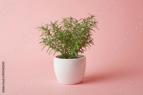 Green plant thrives in minimalist white pot. Soft pink backdrop enhances gentle aesthetic. Plant's fronds appear lush and full of life. Simple composition draws attention to natural beauty