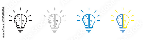 creative icon set half brain half light bulb representing ideas, creativity, knowledge, technology, and the human mind. problem-solving symbol thin line illustration eps 10