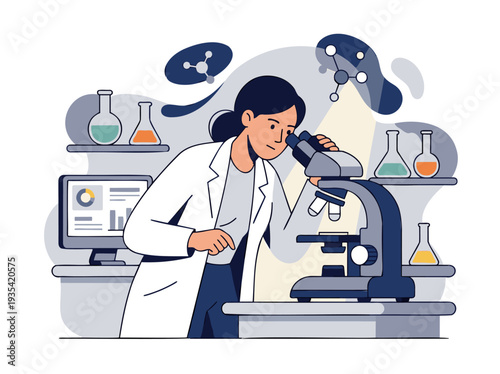 Female Scientist Examining through Microscope with Lab Equipment for Scientific Research, Biology & Chemistry. Modern Flat Vector Design Illustration in a Blue & Grey Palette.