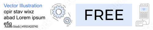Business promotions, online shopping, marketing ads, payment solutions, free services, automation. Text styled as FREE beside gears and a payment terminal. Business promotions, online shopping