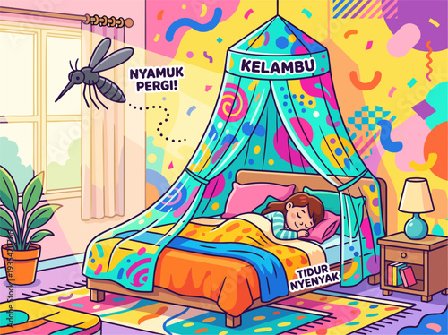 Girl sleeping in bed with mosquito net, preventing flying mosquito in colorful bedroom, promoting peaceful rest and insect protection, vibrant flat cartoon style vector illustration.