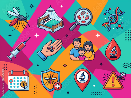 Mosquito-borne disease vector icons showing prevention, diagnosis, and treatment for healthcare and public health medical awareness in a colorful flat outline illustration collection for infographics.