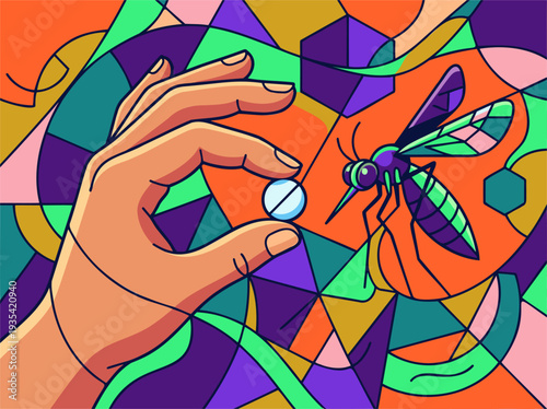 Hand and Mosquito Holding Pill for Medical Prevention of Tropical Diseases like Malaria and Dengue in Vibrant Geometric Flat Design Vector Illustration