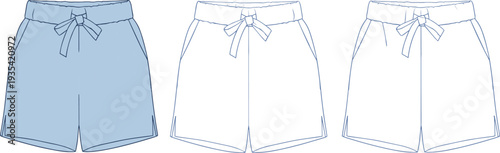 Fashion technical illustration of women’s shorts featuring waistband, front pockets, bow tie detail, side slits, and flared hem, shown in shaded and outlined design variations