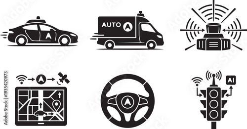 Autonomous Vehicles, Self-Driving Car Technology and Unmanned Transportation Systems Streamlined Aerodynamic Icon Set Vector Illustration