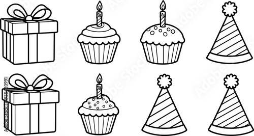 Collection of simple line art birthday celebration elements including gifts, cupcakes, and party hats