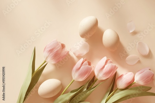 Soft pink tulips grace a warm, creamy surface. Eggs rest nearby, adding gentle contrast. Petals and shells create a delicate, harmonious scene. Natural light enhances soft tones and subtle textures