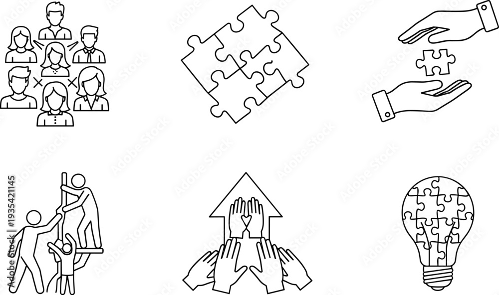 Naklejka premium Teamwork and collaboration icons showing unity, ideas, and support in business