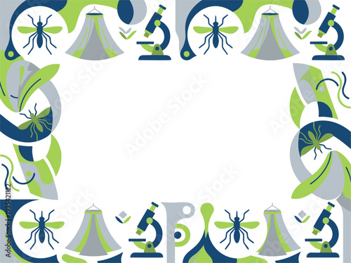 Mosquito Microscope Net Icons Stylized Border Design with Blank Center for Entomology Science Health Prevention Background, Modern Flat Abstract Vector Art in Blue Green Template Copy Space Frame