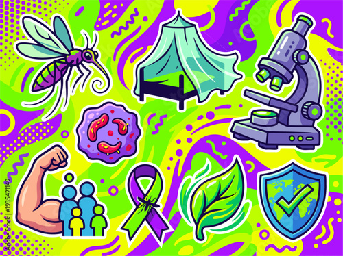 Global Health & Prevention Icons with mosquito, microscope, net, shield, ribbon, people, illustrating medical research, community wellness, disease awareness in a vibrant pop art neon vector style.