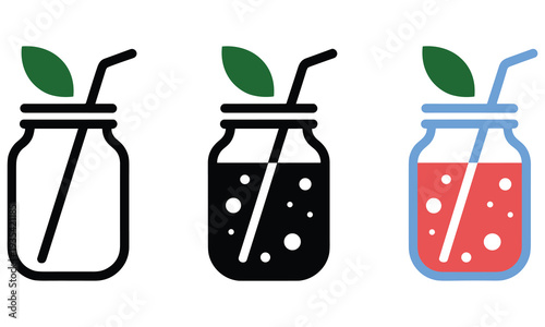 Stylish vector illustrations of mason jars with straws and leaves perfect for beverage branding and eco friendly packaging designs