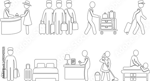 Vector outline icons of travel, tourism, and professional hotel management services.