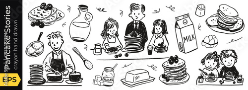 Pancake breakfast brunch doodle cooking sketch with a cook outline line for culinary bakery recipe. Food and family drawn dessert cafe crepe on a table mix through butter eating vector illustration