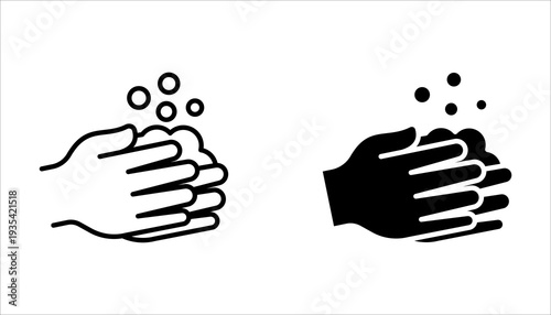 Wash your hands icons set. Hand washing icons set. Hand drawing with water tap, drop, soap bubble sign, vector illustration