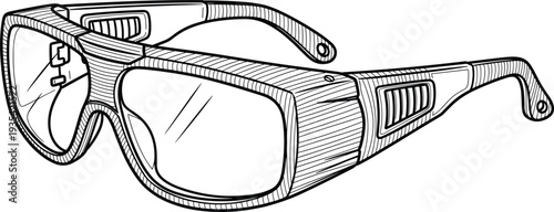 "Detailed black and white vector illustration of protective safety glasses with thick frame, industrial eyewear design, technical drawing for construction, 