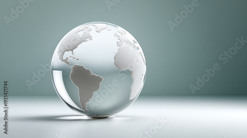 Semi transparent glass globe with continents, minimalistic style, soft lighting, modern decor, global concept, elegant and calm