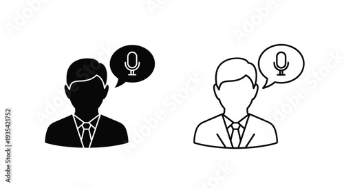 Set of 2 Voice Assistant User Icons Vector. Black silhouette and outline style male avatar with speech bubble and microphone symbol, ideal for AI, podcast, or communication apps.