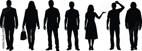 Collection of black silhouettes of diverse people standing in a row on white background Keywords: silhouette, people, man, woman