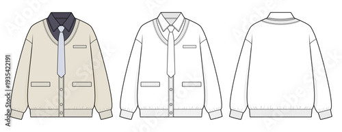 Preppy Button-Front Cardigan Jacket Technical Fashion Illustration with Welt Pockets and Ribbed Trim. Front and Back View CAD Outerwear Template.