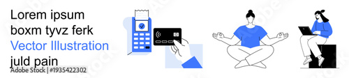 Digital finance, mobile payments, online work, personal development, wellness, technology. Characters using tech devices, including a credit card and laptop. Digital finance and personal development