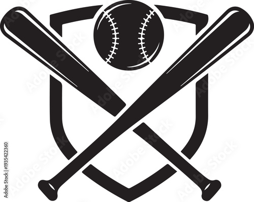 Baseball Equipment Bats and Ball in Shield Emblem Logo