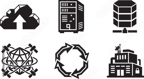 Cloud Computing Infrastructure, Global Data Networking and Enterprise Server Systems Brutalist Constructivist Icon Set Vector Illustration
