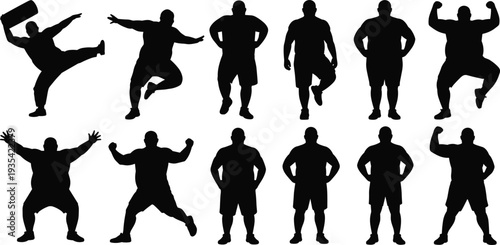 Diverse black silhouettes of overweight men in dynamic action poses on white background Keywords: silhouette, man, overweight