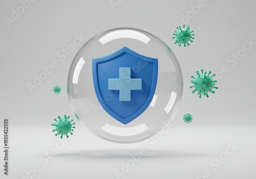 Shield Protecting Against Viruses Inside a Bubble on 3D White Background protection defense