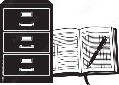 Black Filing Cabinet and Open Notebook with Pen