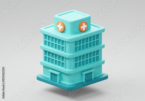 Stylized 3D Hospital Building With Orange Cross Symbols cartoonish