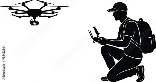 Silhouette of Drone Operator Controlling Drone with Camera on White Background remote controller