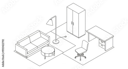 Isometric line drawing of a modern living room and office furniture arrangement.