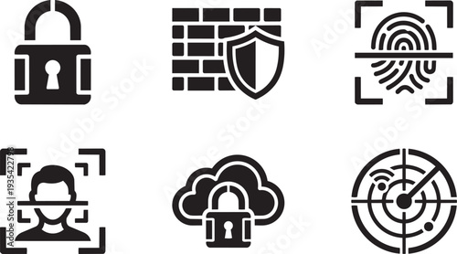 Cybersecurity, Digital Data Protection and Network Defense Systems Modern Heavy Stencil Icon Set Vector Illustration