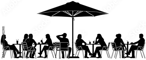 Black and White Silhouette Vector Illustration of People Relaxing at Outdoor Street Cafe Tables under Umbrella