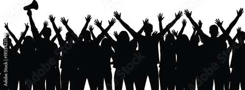 Large protesting crowd silhouette with raised hands and megaphone, demonstration rally isolated on white background activism concept